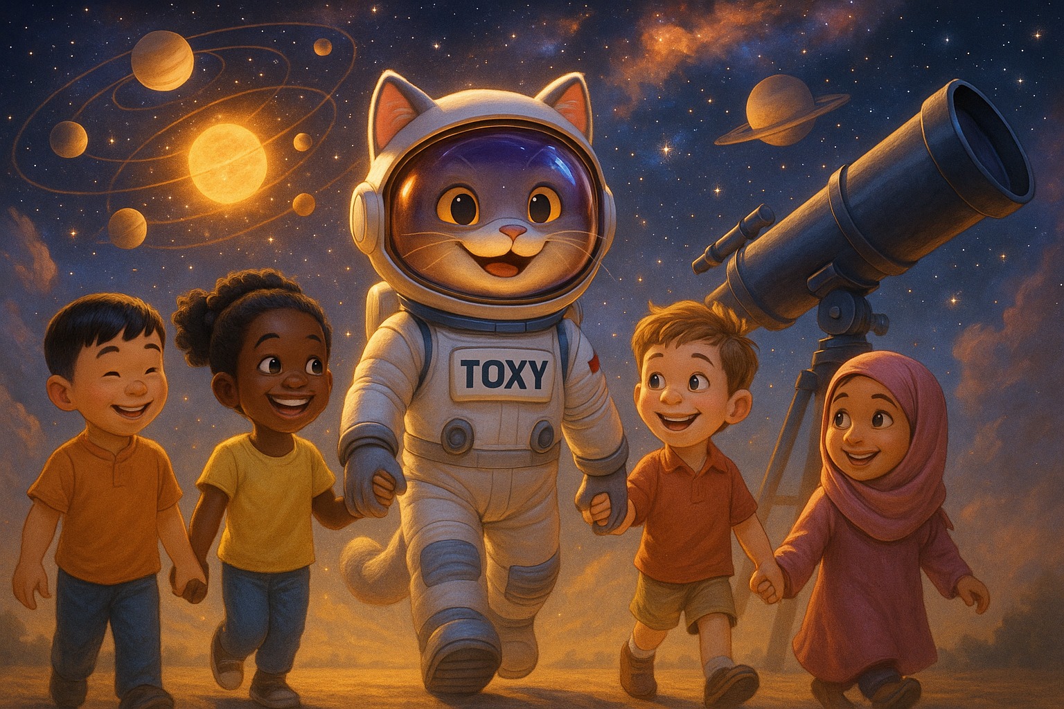 TOXY the astronaut cat walking with kids to a telescope